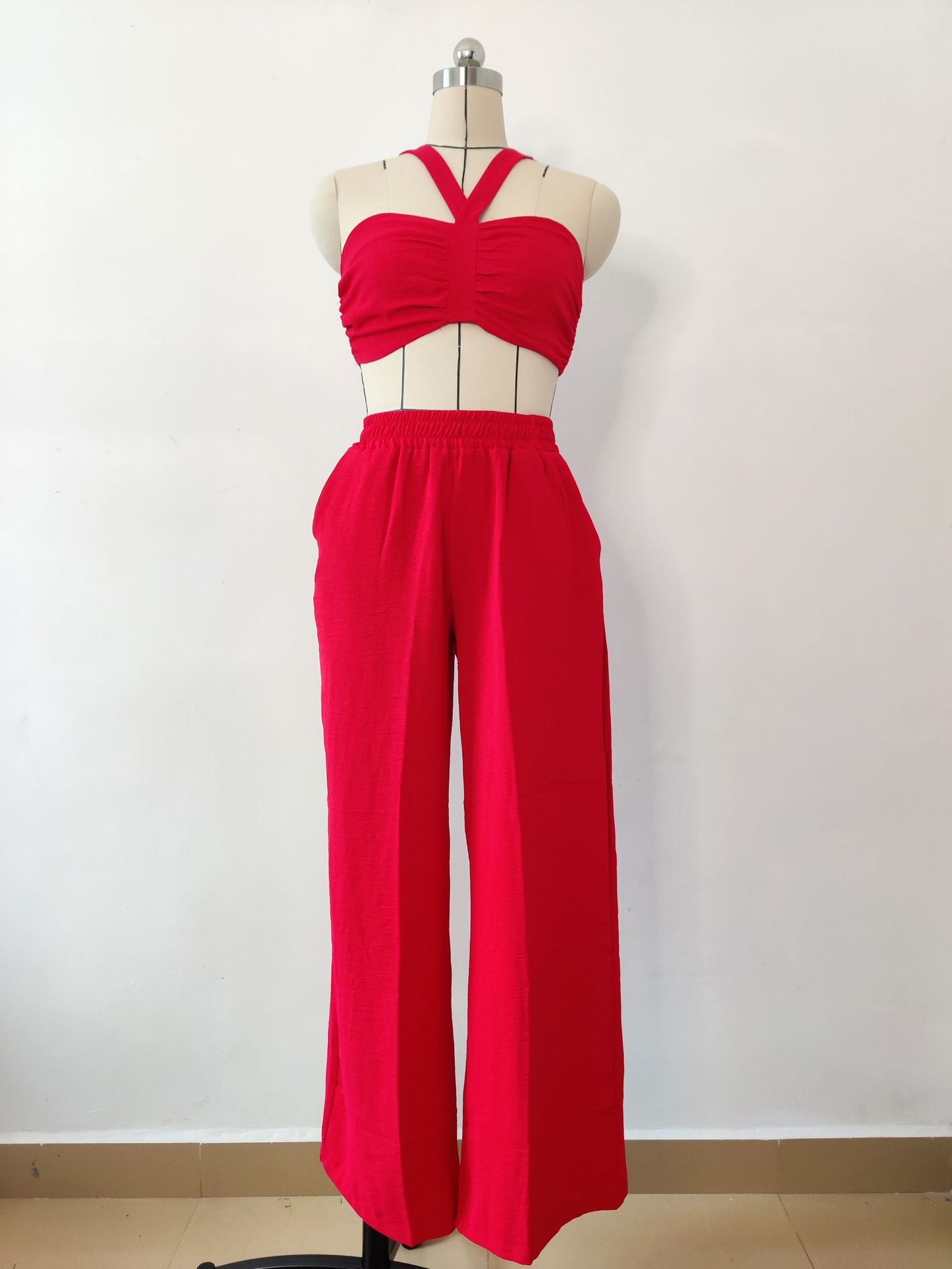 Fashion Women's Sleeveless Sexy Strappy Top Elastic Waist Loose Trousers Two-Piece Set 24