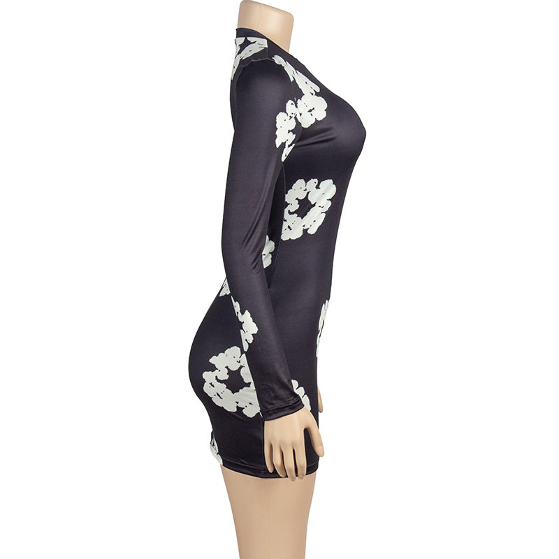 Women Round Neck Long Sleeve Flower Print Dress 10