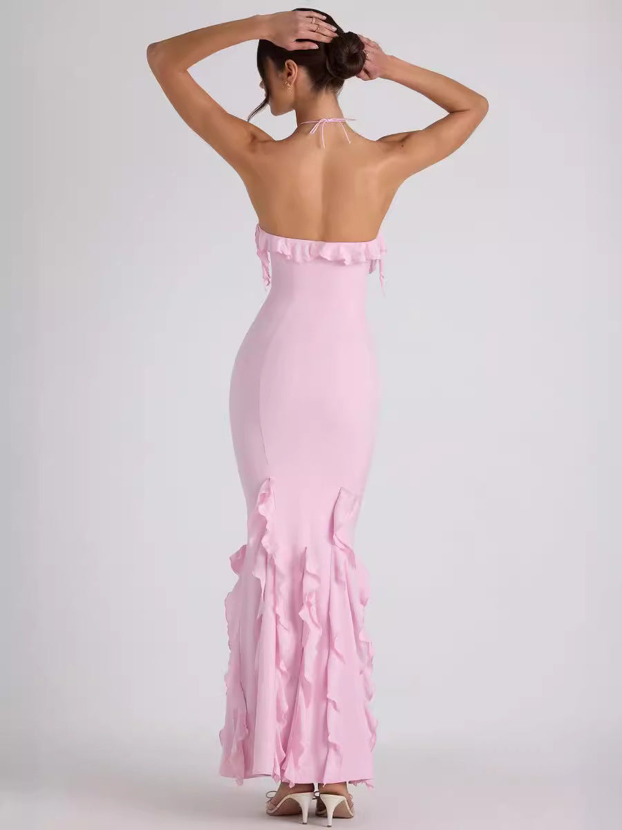 Women Summer Sexy Halter Neck Backless Bodycon Ruffle Pleated Evening Dress 4