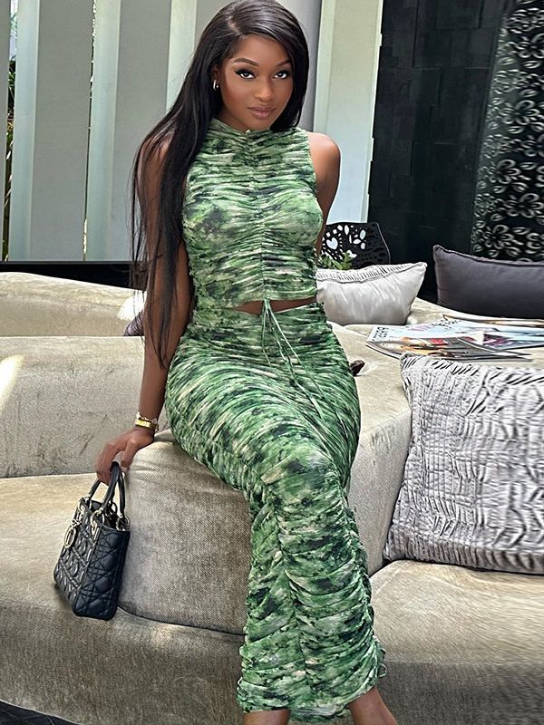 Printed Sleeveless Drawstring Top and Skirt Two-piece Set 6