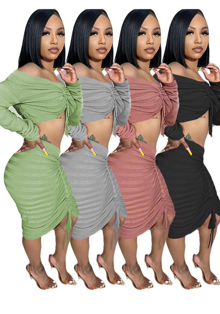 Women's Autumn and Winter Fashion Long Sleeve Off Shoulder Crop Top Drawstring Skirt Knitted two piece Set