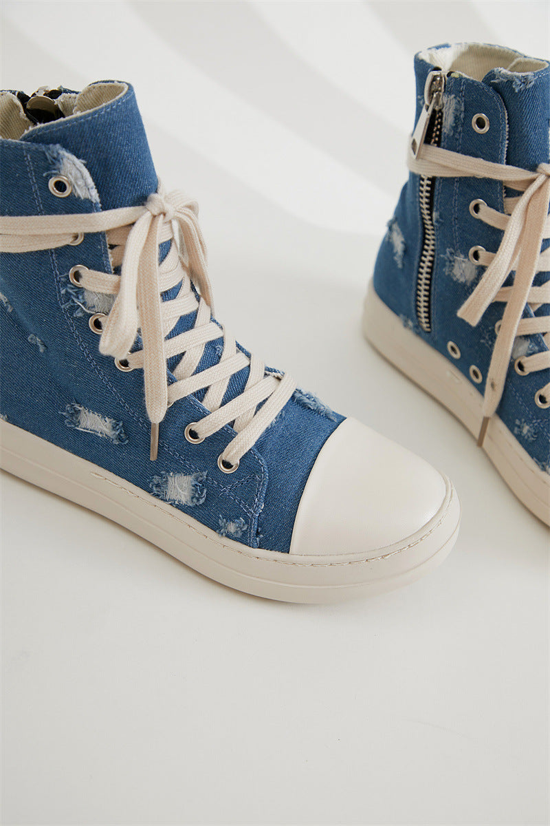 Platform Canvas Shoes Women's Washed Couple High-Top Shoes Ripped Denim Style Trendy Shoes For Men 18