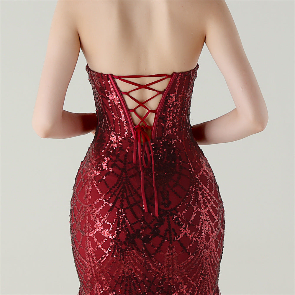 Women Strapless cross Lace-Up sequined tube flower sequined mesh evening dress Formal Party evening dress 95