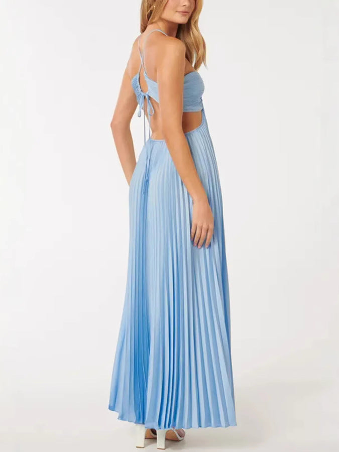 Women's Sweet Sexy Halter Strapless Pleated Solid Color Maxi Dress 6