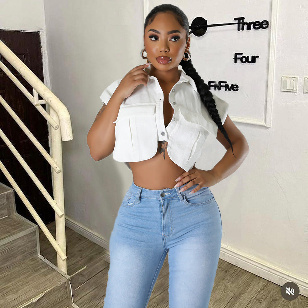 Women pocket shirt collar jacket