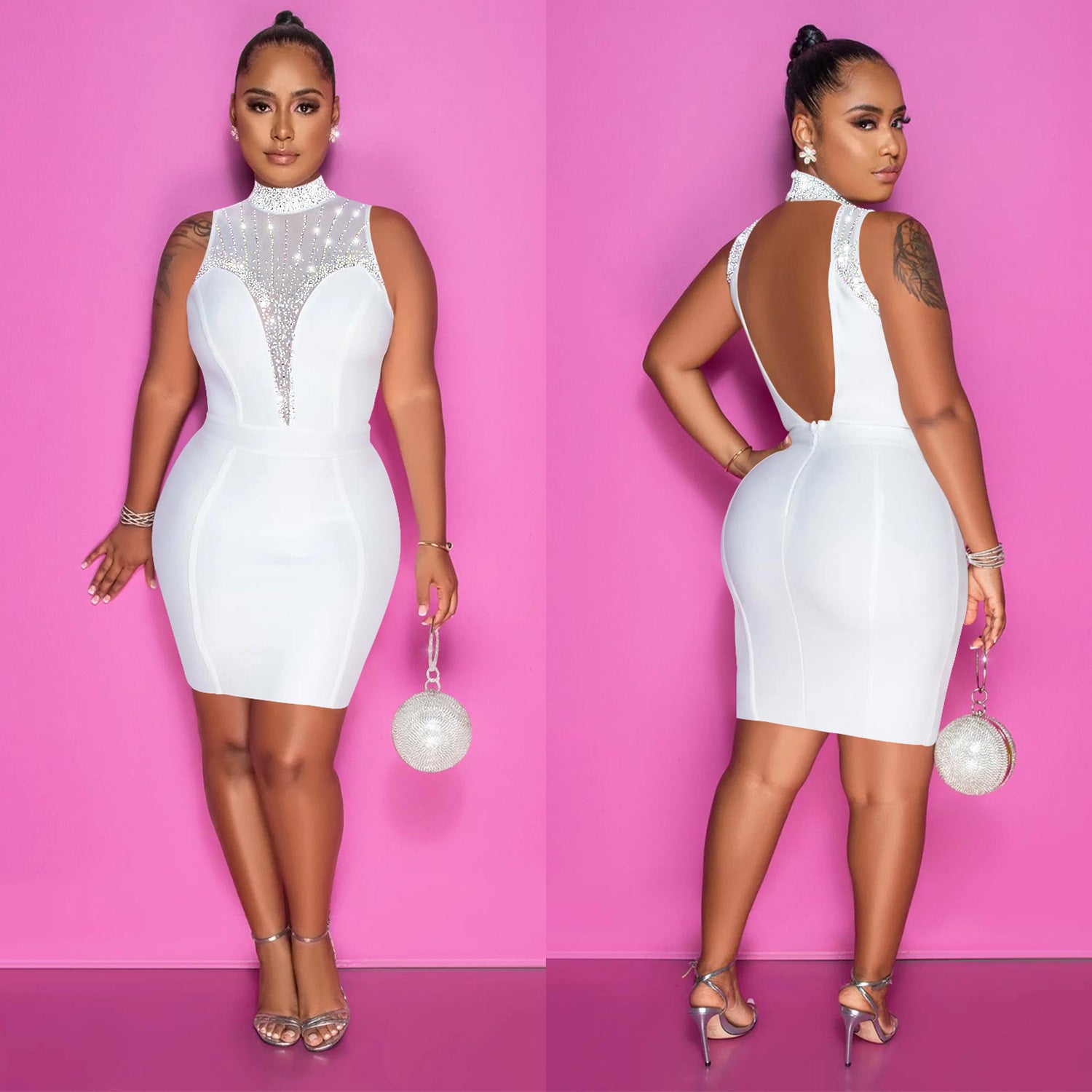 Women'S Fashion Solid Beaded Mesh See-Through Sleeveless Backless Club Bodycon Dress 7