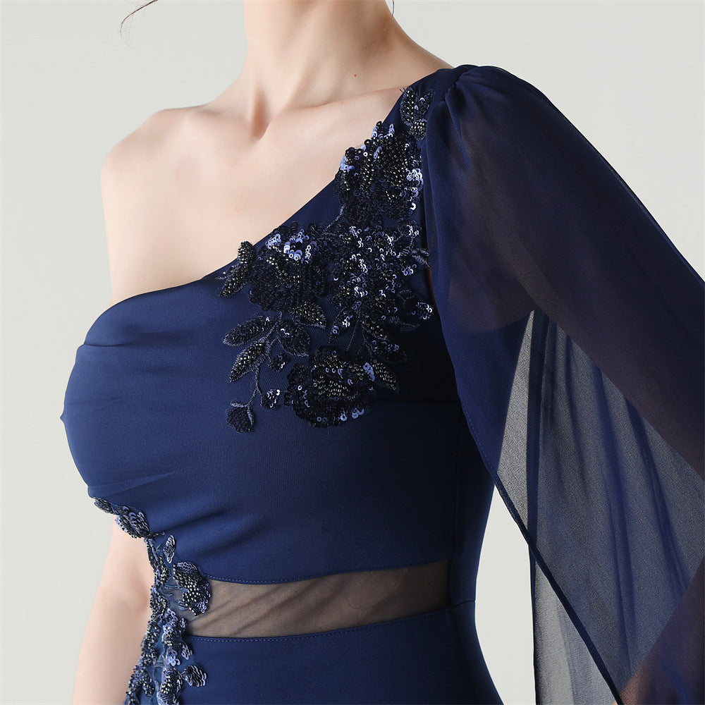 Women Tulle Shawl Beaded Tube Embroidery One Shoulder Evening Dress 40