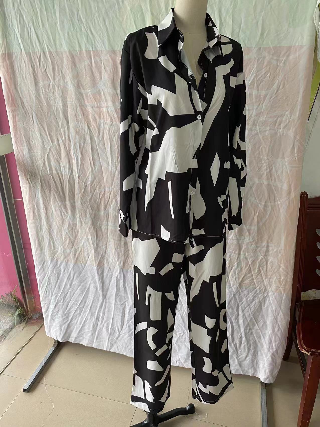 Women loose long-sleeved shirt and high-waist wide-leg pants two-piece set 9