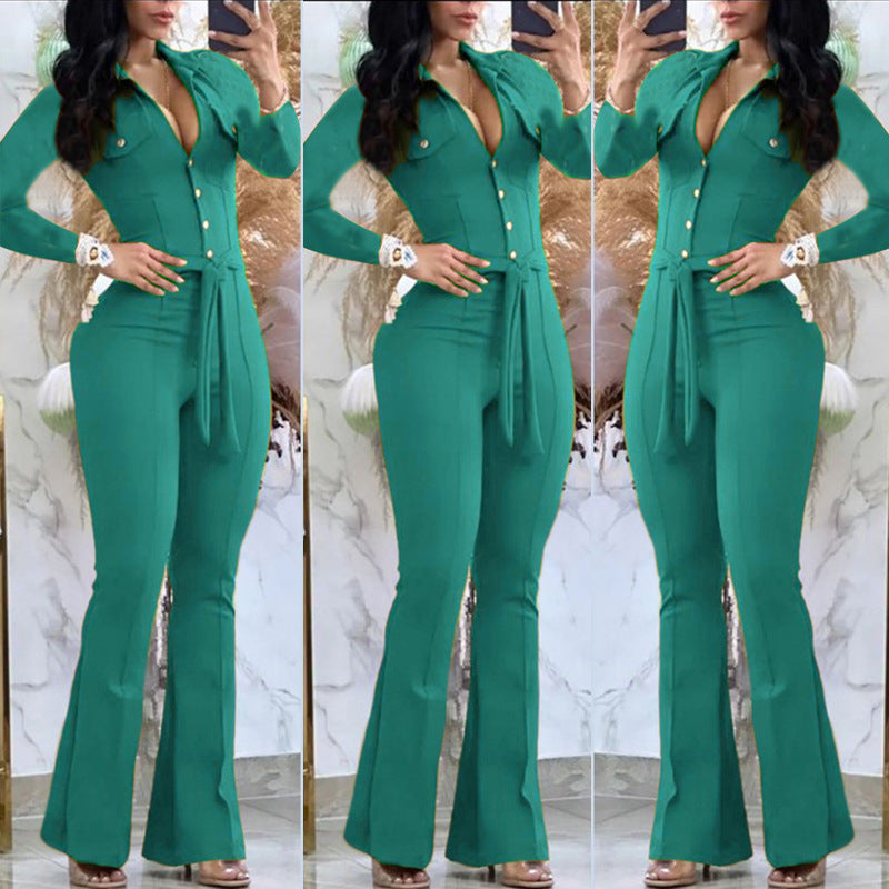Women Turndown Collar Long Sleeve Bell-Bottom Jumpsuit 12