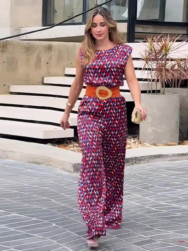 Women Summer Sleeveless Diamond Plaid Wide-Leg Jumpsuit 3