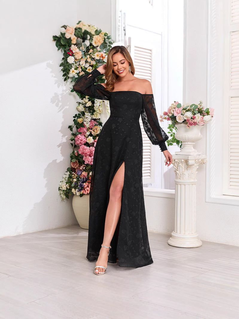 Black Off-Shoulder Long Sleeve Chiffon Embroidered High Slit Evening Dress 5