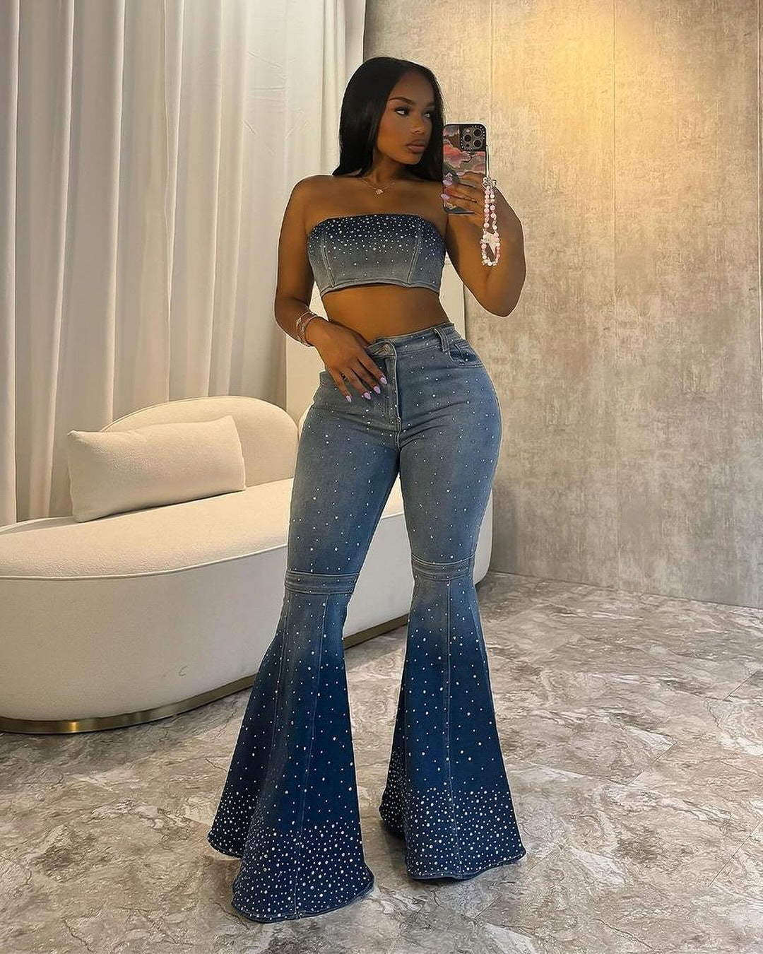 Fashion Beaded Denim summer Strapless Vest High Waist Denim Bell Bottom Trousers Two Piece Set for Women 3