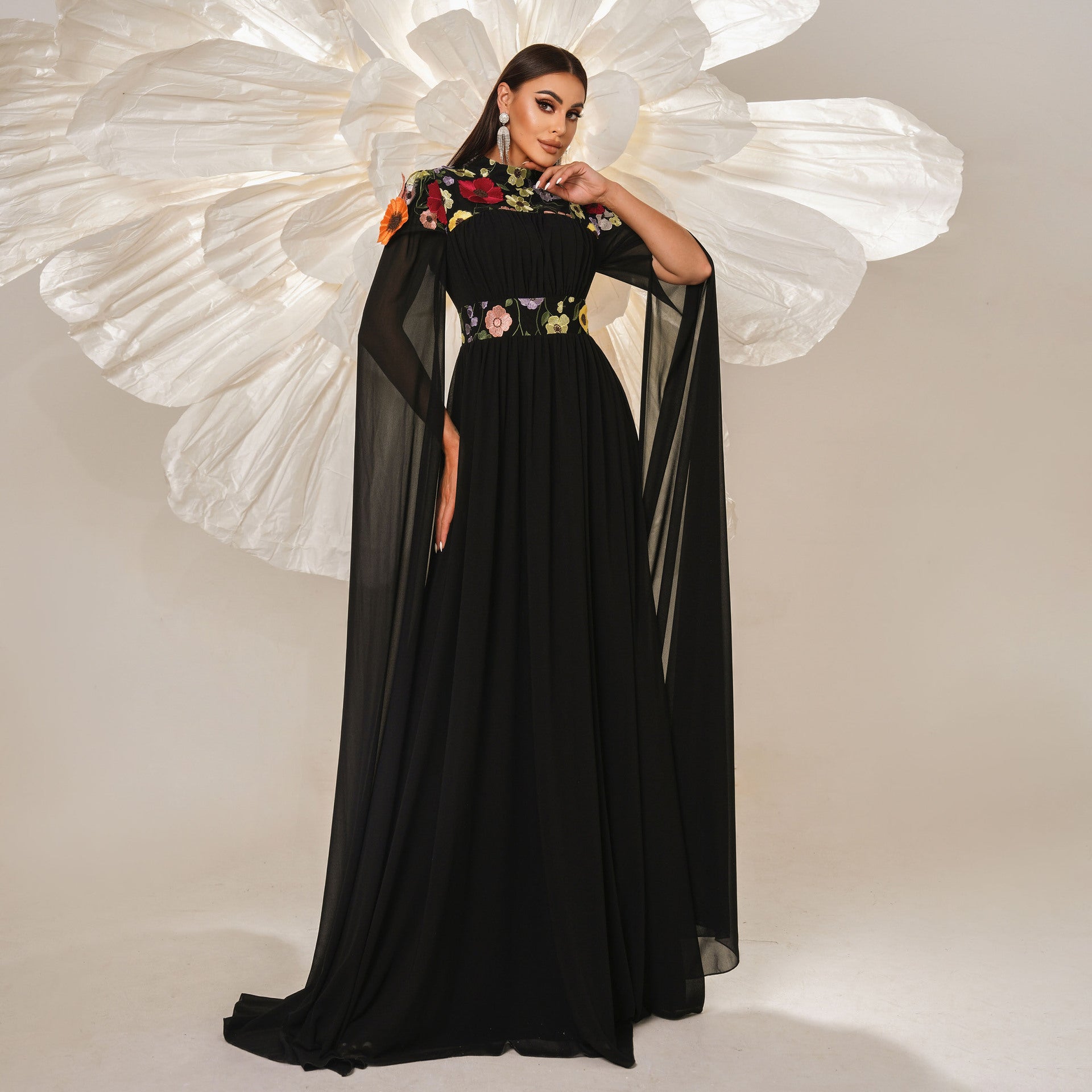 Chic High-Neck Formal Party Embroidered Long Evening Dress Slim Waist Bridesmaid Dress 6