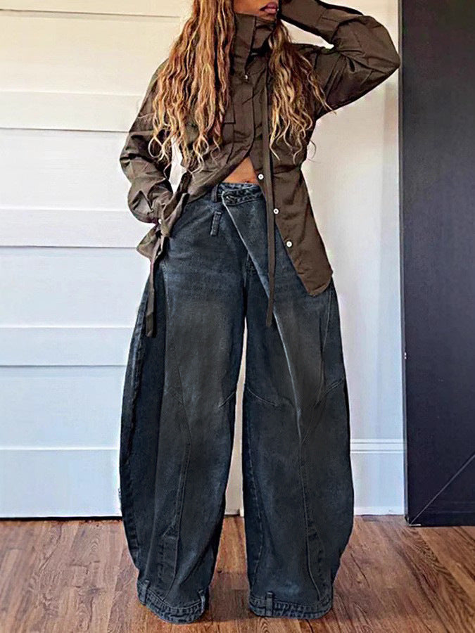Women Retro Washed Reverse Waist Denim Pants 5