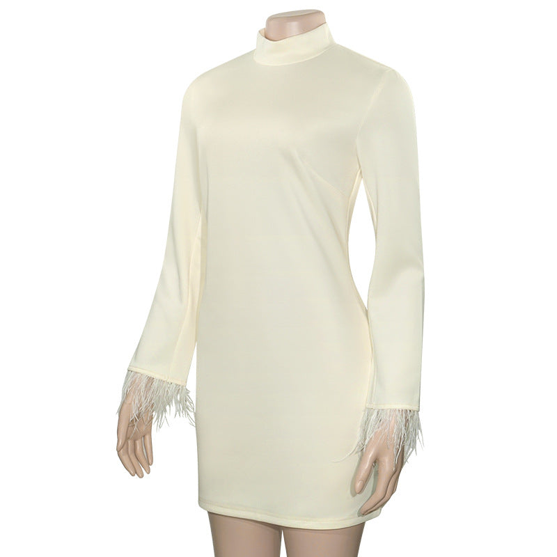 Spring Solid Color Round Neck Fashion Feather Patchwork Short Slim Dress 8