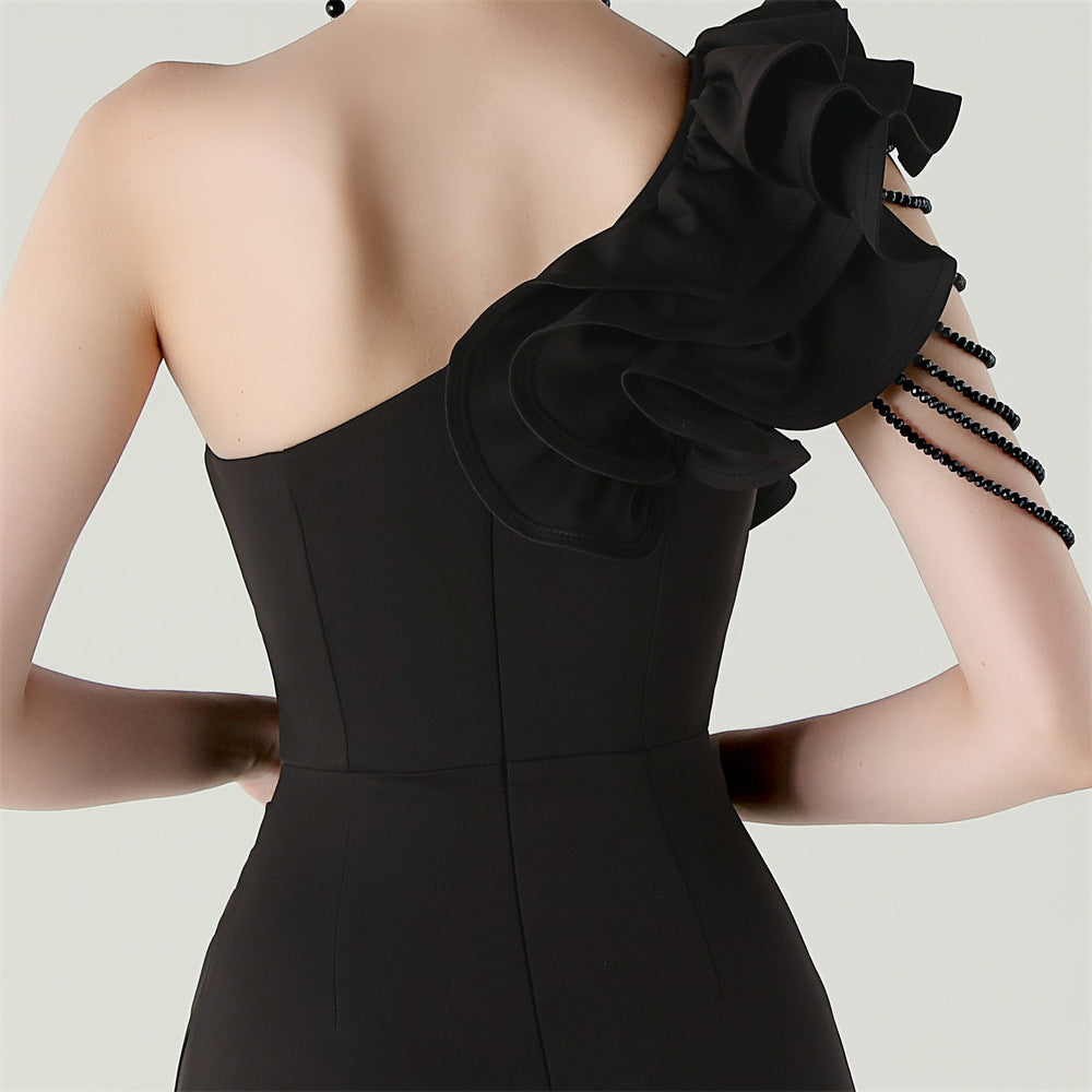 Women One-Shoulder Beaded Wool and Floral Satin Slit Sexy Evening Dress 64