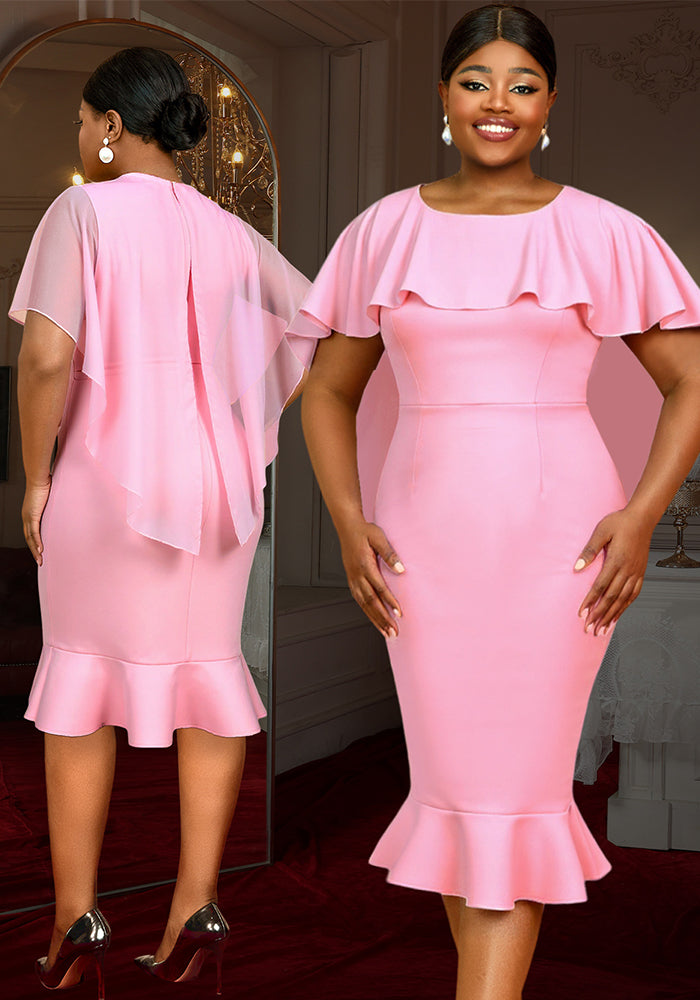 Plus-Size Women Style Cape Round Neck Ruffle Bodycon Formal Party Fishtail Dress