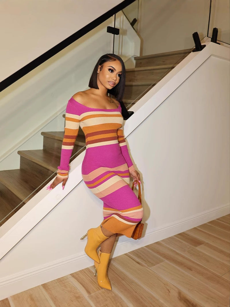 Autumn Winter Sexy Long-Sleeved Striped Print Bodycon Dress 6
