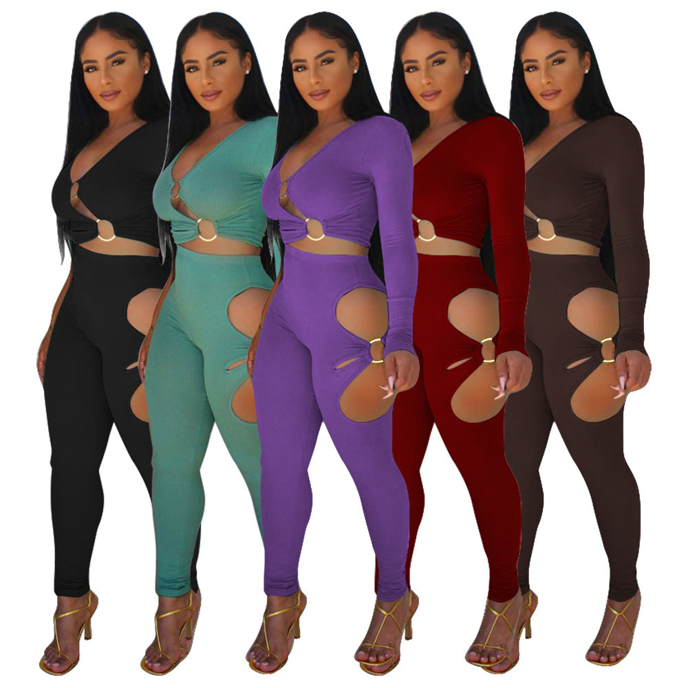 Fashionable Women's Solid Color High-Stretch Ribbed Sexy V-Neck Two-Piece Pants Set 8