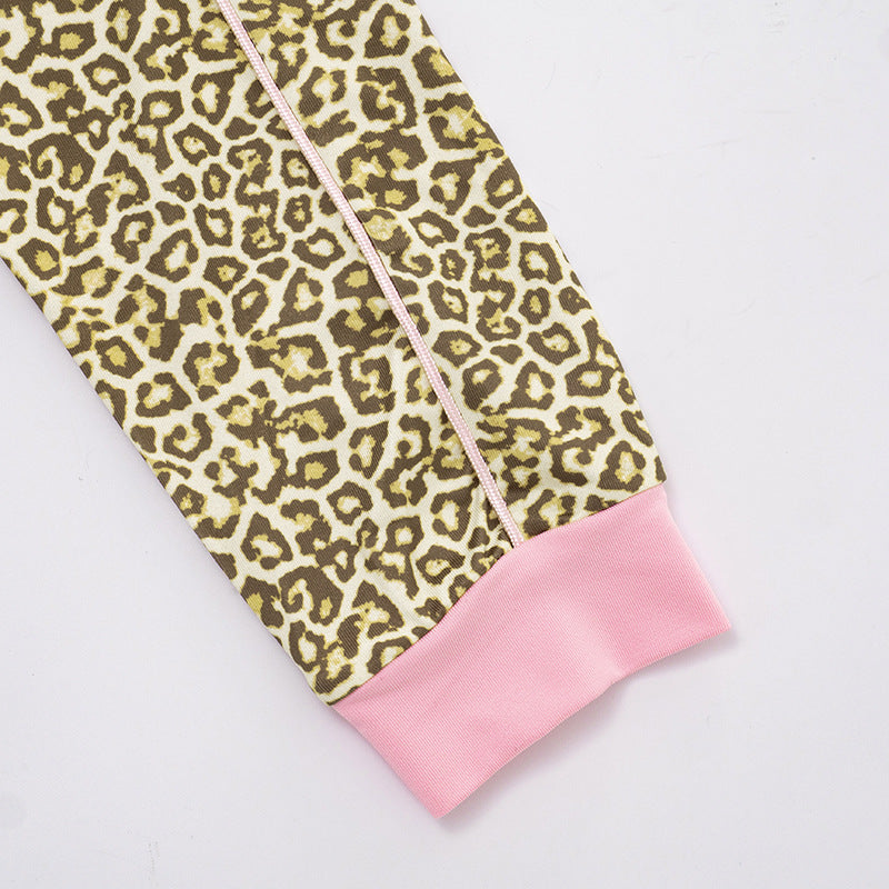 Women's Leopard Print Color Block Long Sleeve Zipper Coat Drawstring Shorts Two-Piece Set 26