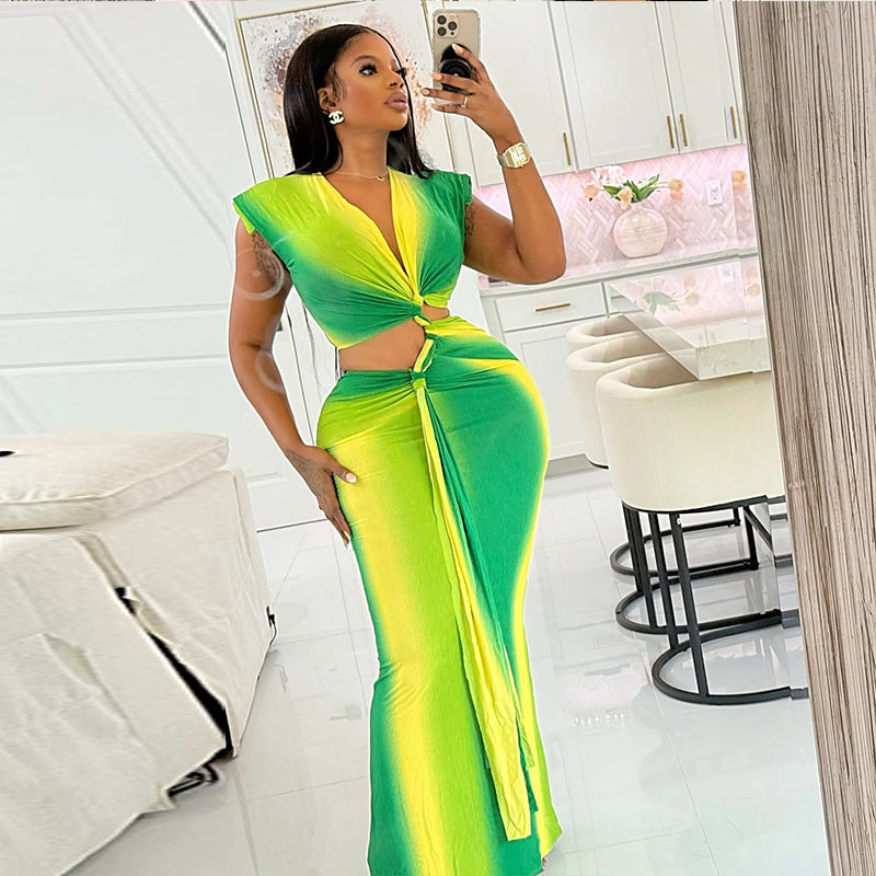 Women Patchwork pleated hollow V-neck Lace-Up Bodycon dress