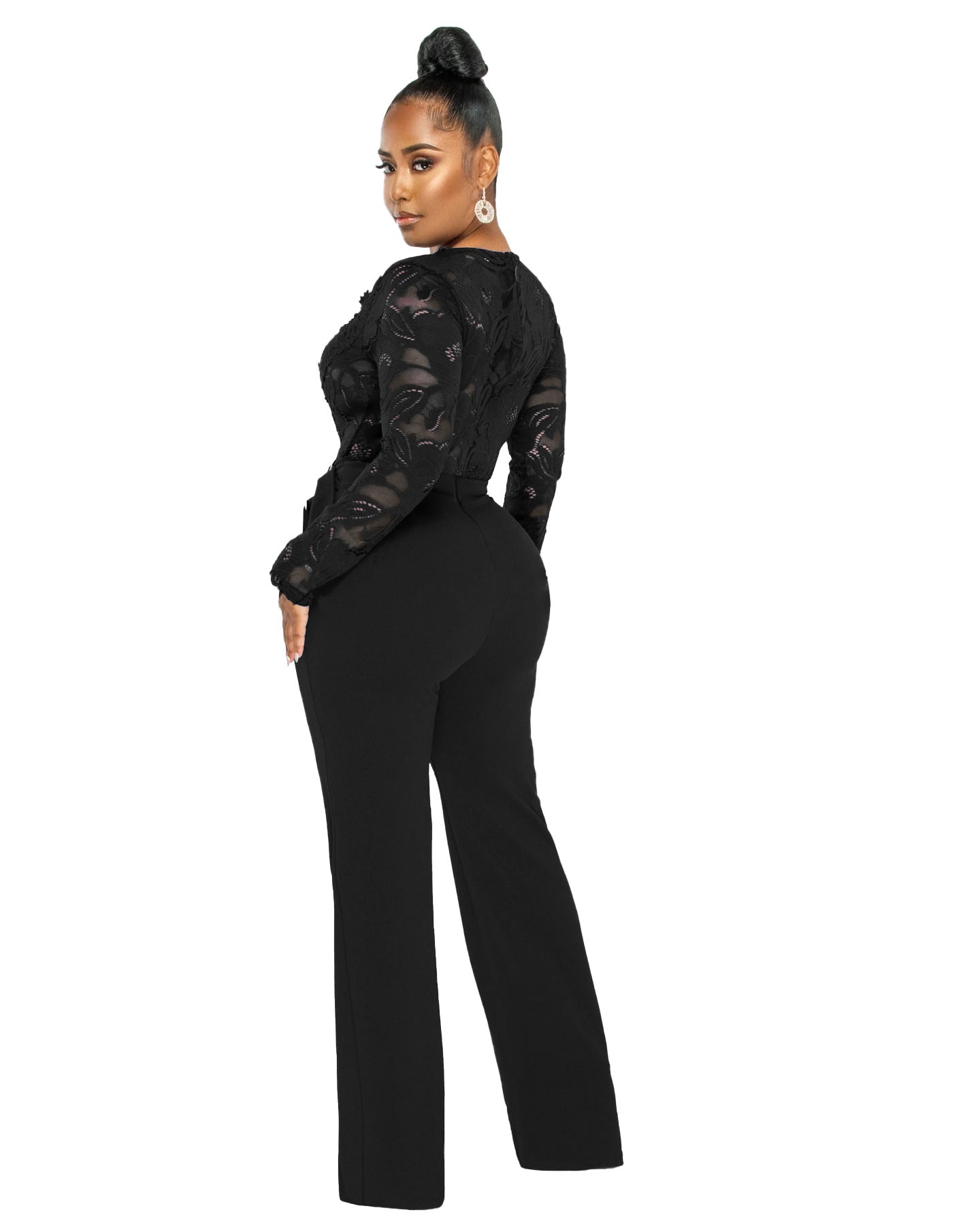 Fashion Sexy Casual Slim V-Neck Lace See-Through Jumpsuit 7