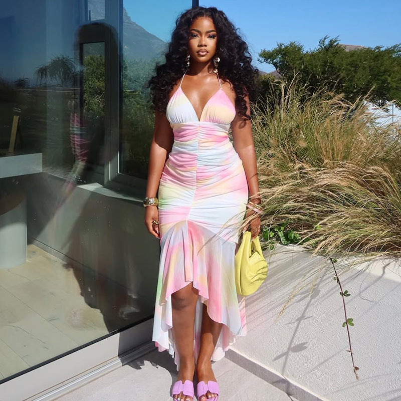 Summer Street Women's Print Colorblock V-Neck Ruffle Long Dress 4