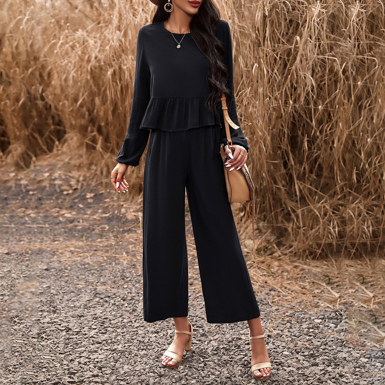 Women's Fall Winter Chic Casual Two Piece Set Solid Color Long Sleeve Top Loose Trousers 10