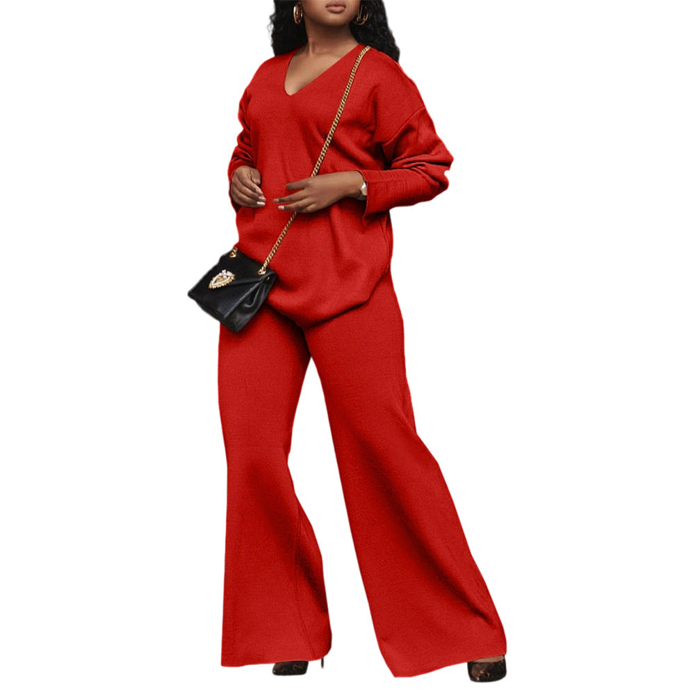 Women Solid Long-Sleeved Slit Two-Piece Set 14