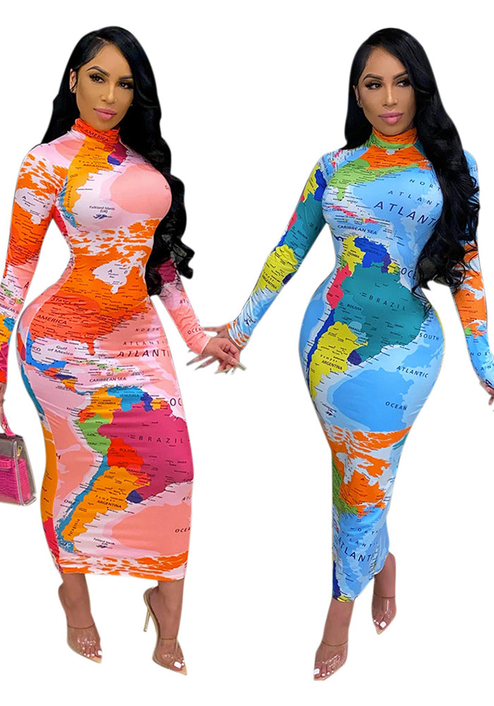 High Neck Long Sleeve Printed Long Dress Fashionable Women's Dress