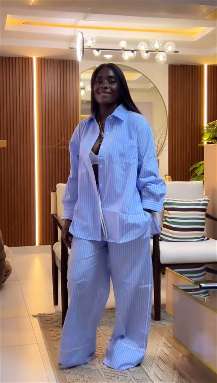 African Women's Summer Turndown Collar Loose Striped Shirt & Wide-Leg Pants Two Piece Set 7