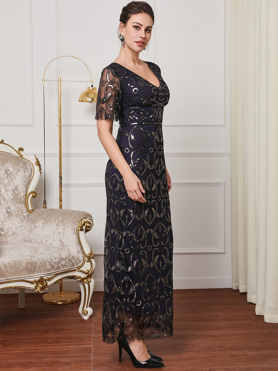 Women Elegant V Neck Sequin Formal Party Mesh Dress 11