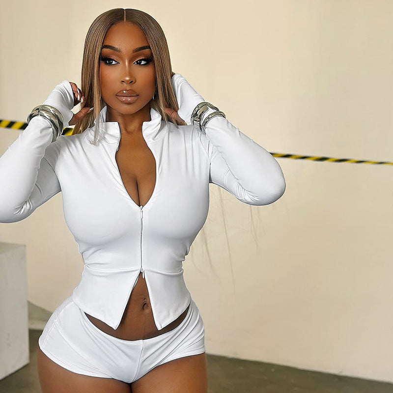 Women Autumn/Winter Stand Collar Zippered Top Shorts with Three-Piece Knee Pads 9