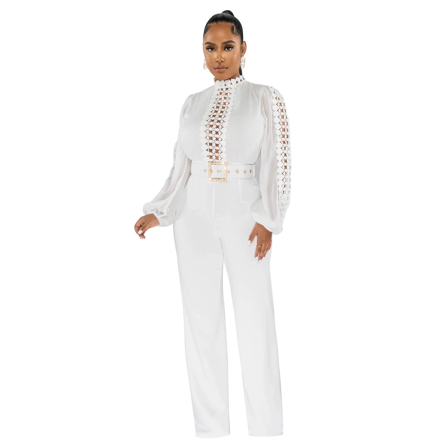 Women Belt Lace Cutout Solid Long Sleeve Jumpsuit 17