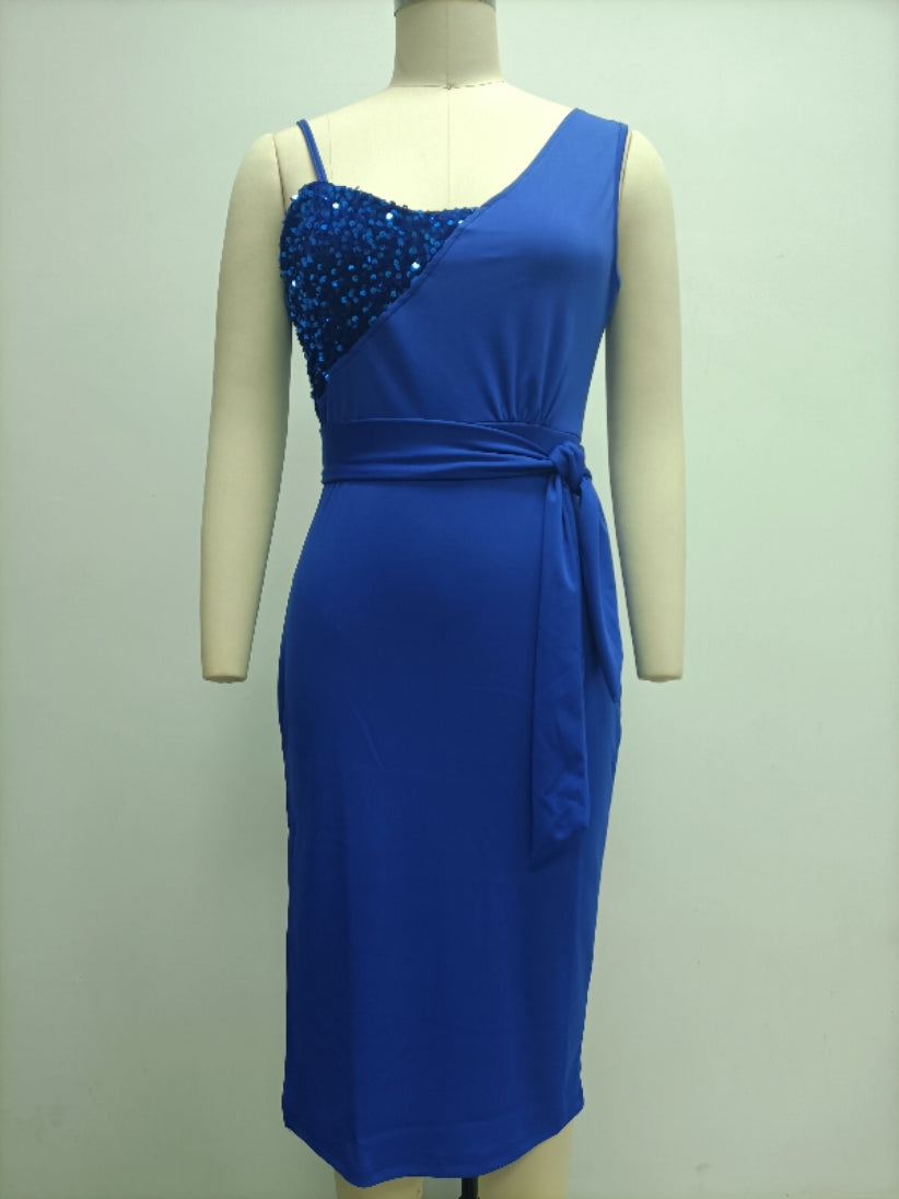 Women'S Solid Color Sexy Sequin Patchwork Slit Belt One Shoulder Evening Dress Nightclub Dress 15