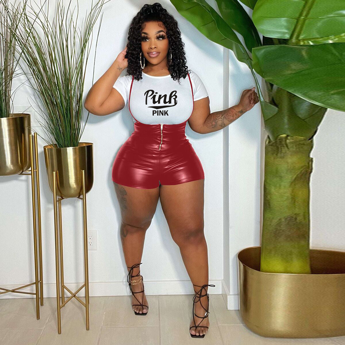 Women Short Sleeve Printed T-Shirt And Stretch Pu Leather Suspender Jumpsuit Two Piece Set 8