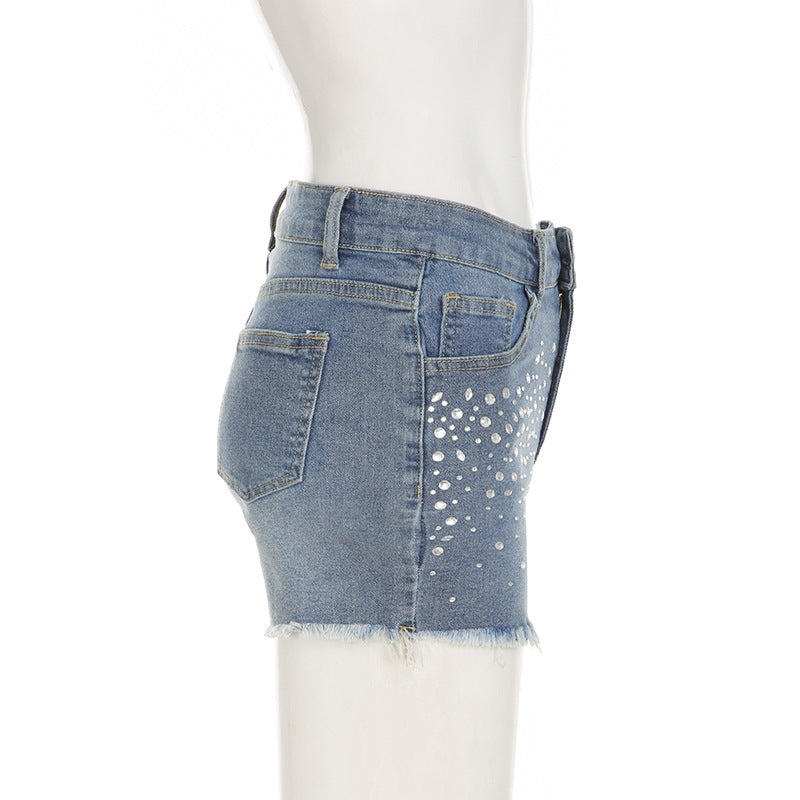 Women Style Beaded Street Raw Edge Washed Denim Shorts 8