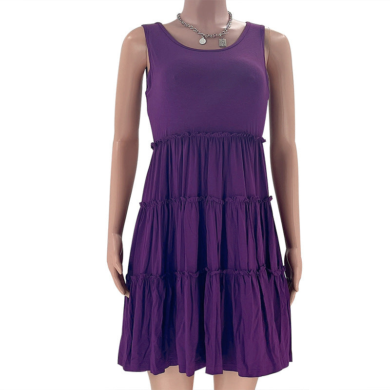 Summer Solid Round Neck Sleeveless Casual Women's Fashion Pleated Casual Dress 41