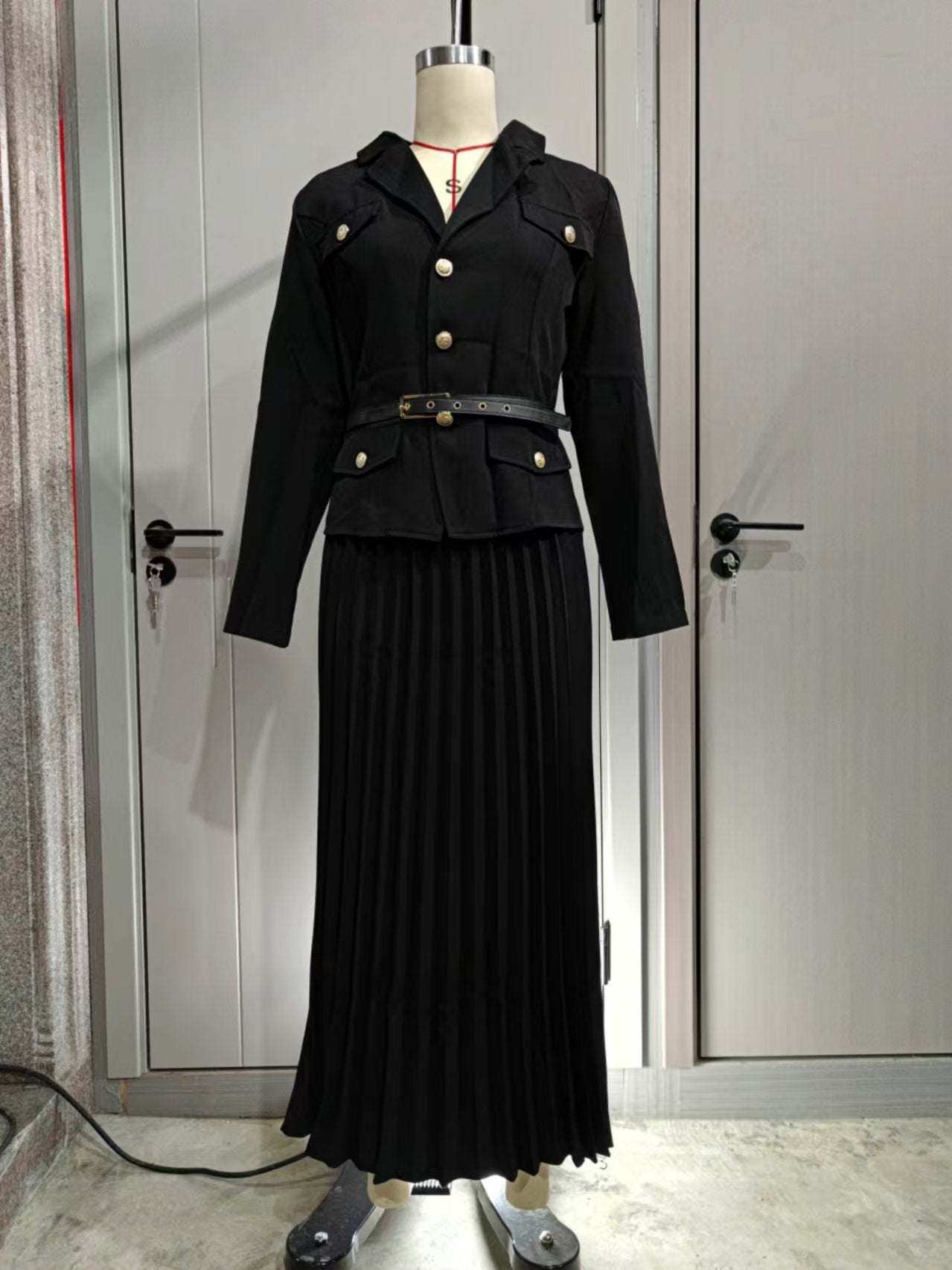 Women Button Blazer and Pleated Skirt Two Piece Set 23