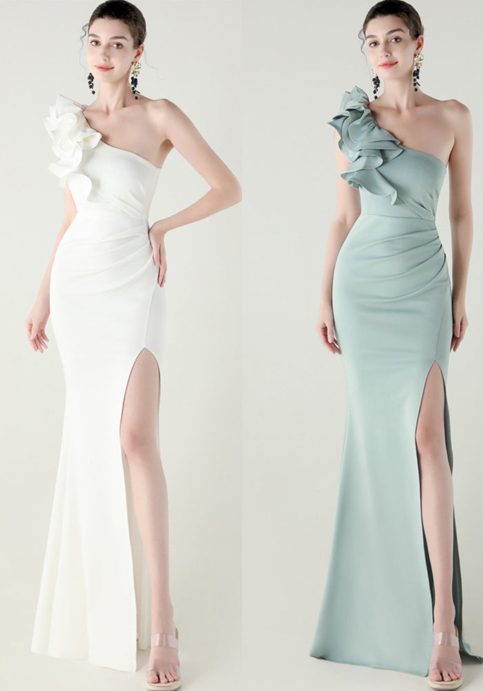 Women One-Shoulder Beaded Wool and Floral Satin Slit Sexy Evening Dress