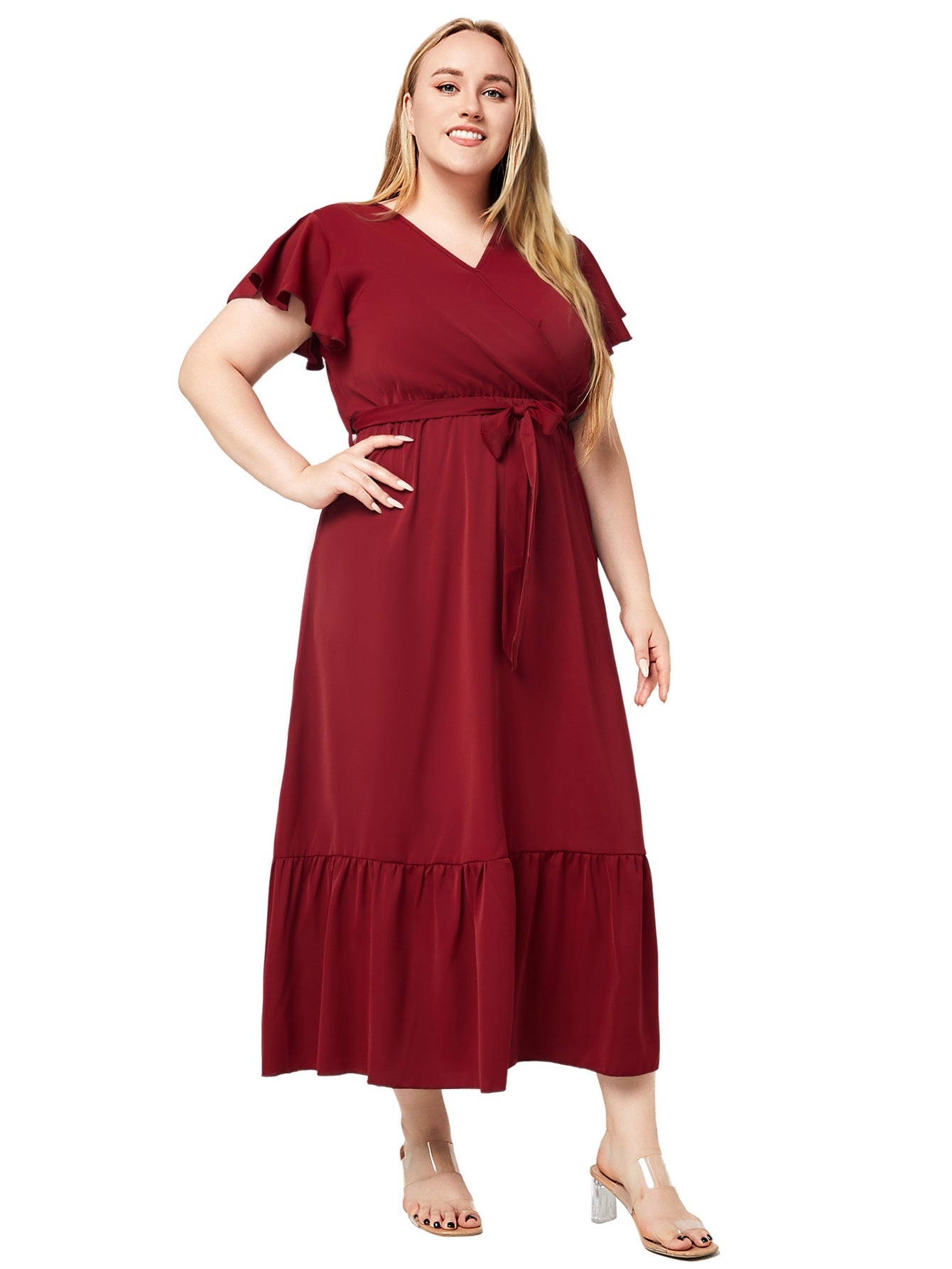 Plus Size Women Summer V Neck Short Sleeve Solid Dress 4