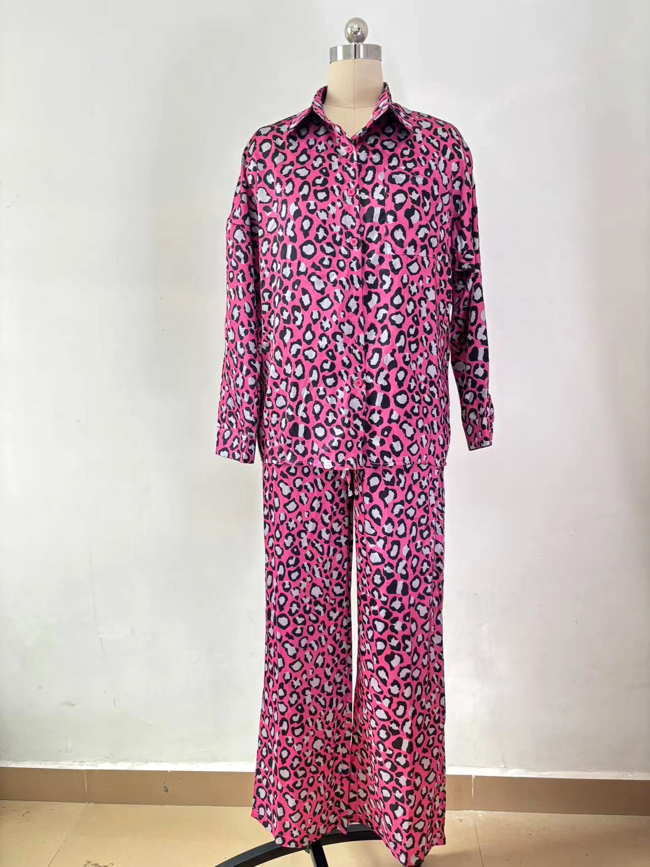 Fashion Casual Set Women Leopard Print Fall Women Long Sleeve Shirt Pants Two-Piece Set 12