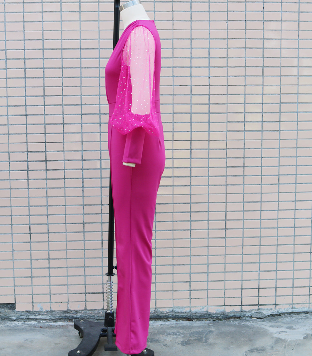 Women'S Autumn Fashion Chic Elegant V-Neck Mesh Patchwork Wide Leg Jumpsuit 11