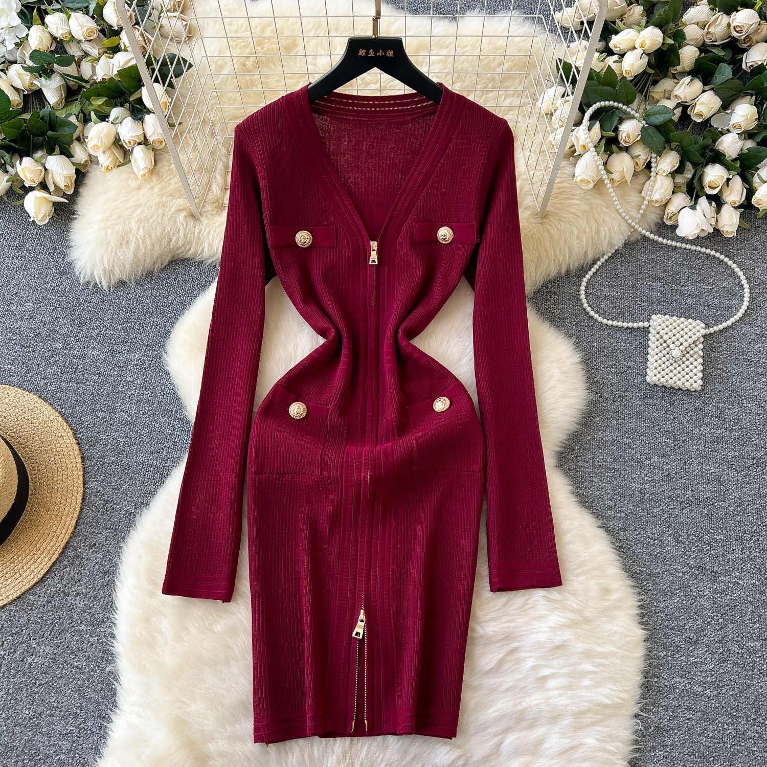 Sexy V-Neck Zipper Long Sleeve Dress Autumn Metal Button Slim Waist Knitting Sweater Dress 3