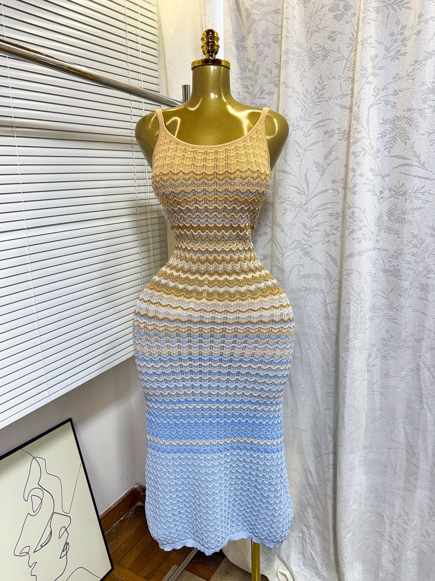 Women's Summer Strap Knitting Gradient Color Slim Bodycon Long Dress 8