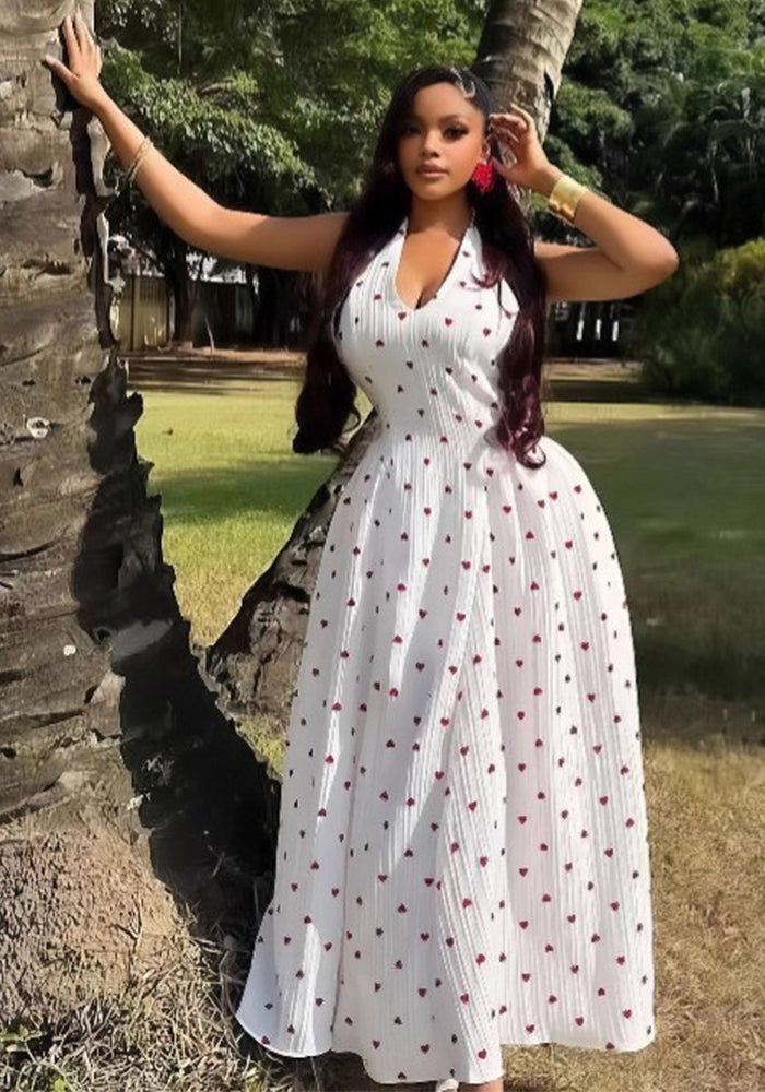 Polka Dot V-Neck Low-Back Lace-Up Halter Maxi Dress