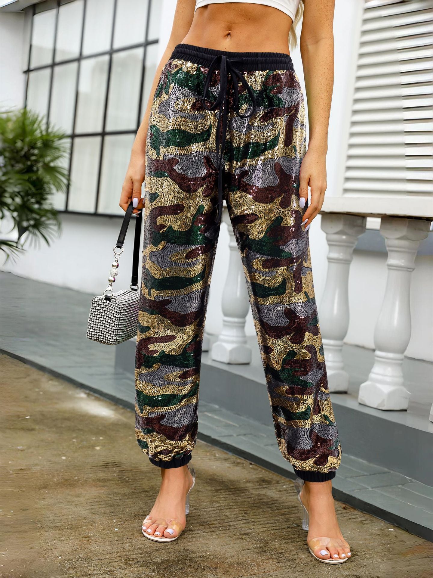 Women Camouflage Sequin Elastic Lace-Up Loose Straight Leg Cuff Pants 3
