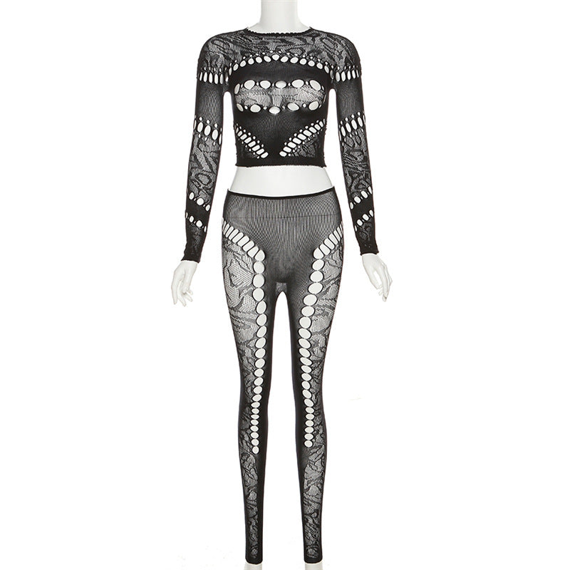Fall Women's Sexy Round Neck Cutout Tight Fitting Top High Waist See-Through Casual Pant Set 11