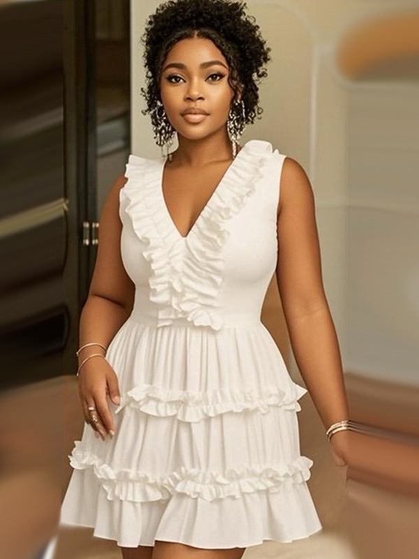 Summer V-Neck Sleeveless Ruffle Casual Short Dress 3
