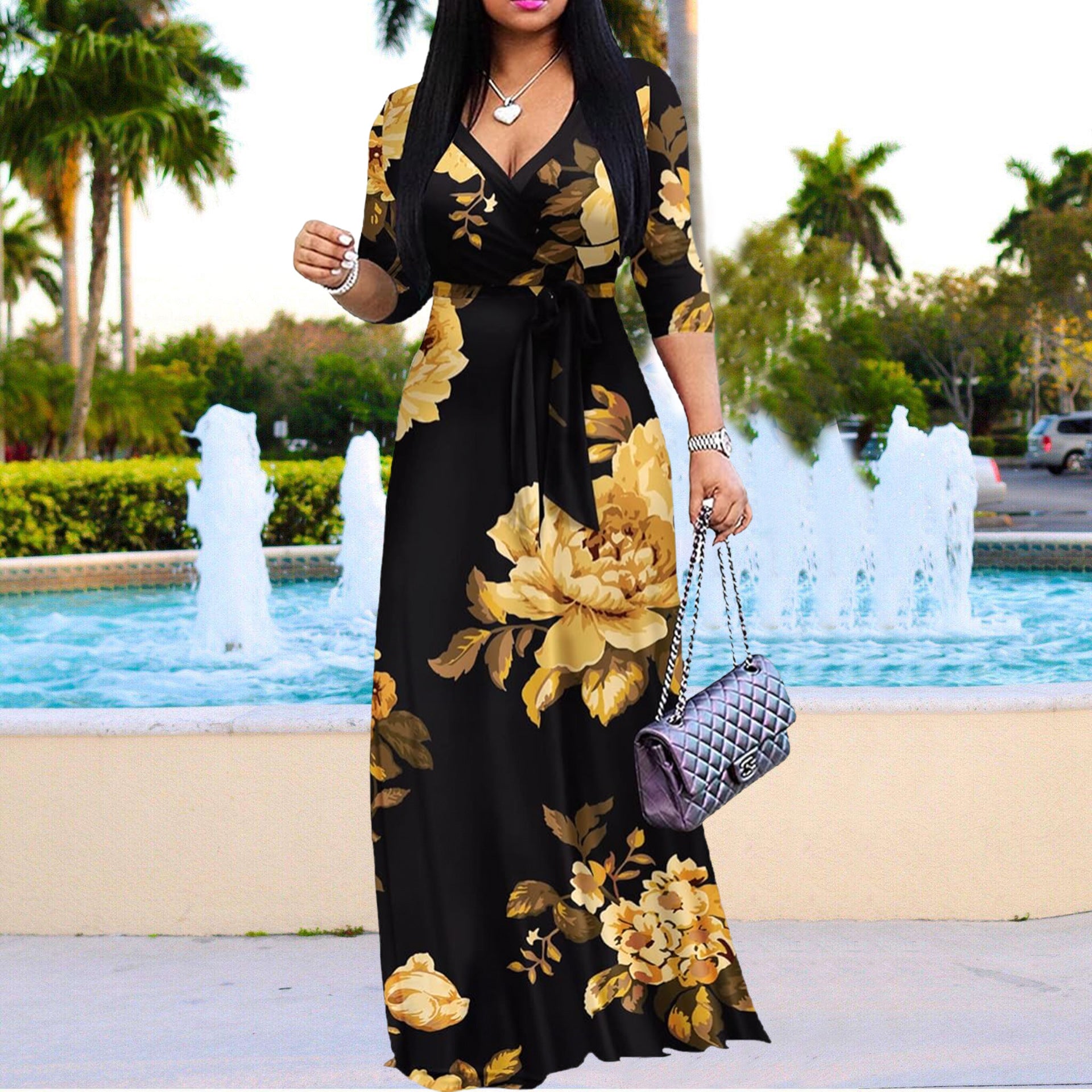 Women Casual Floral Printed V-Neck Half-Sleeve Maxi Dress 7